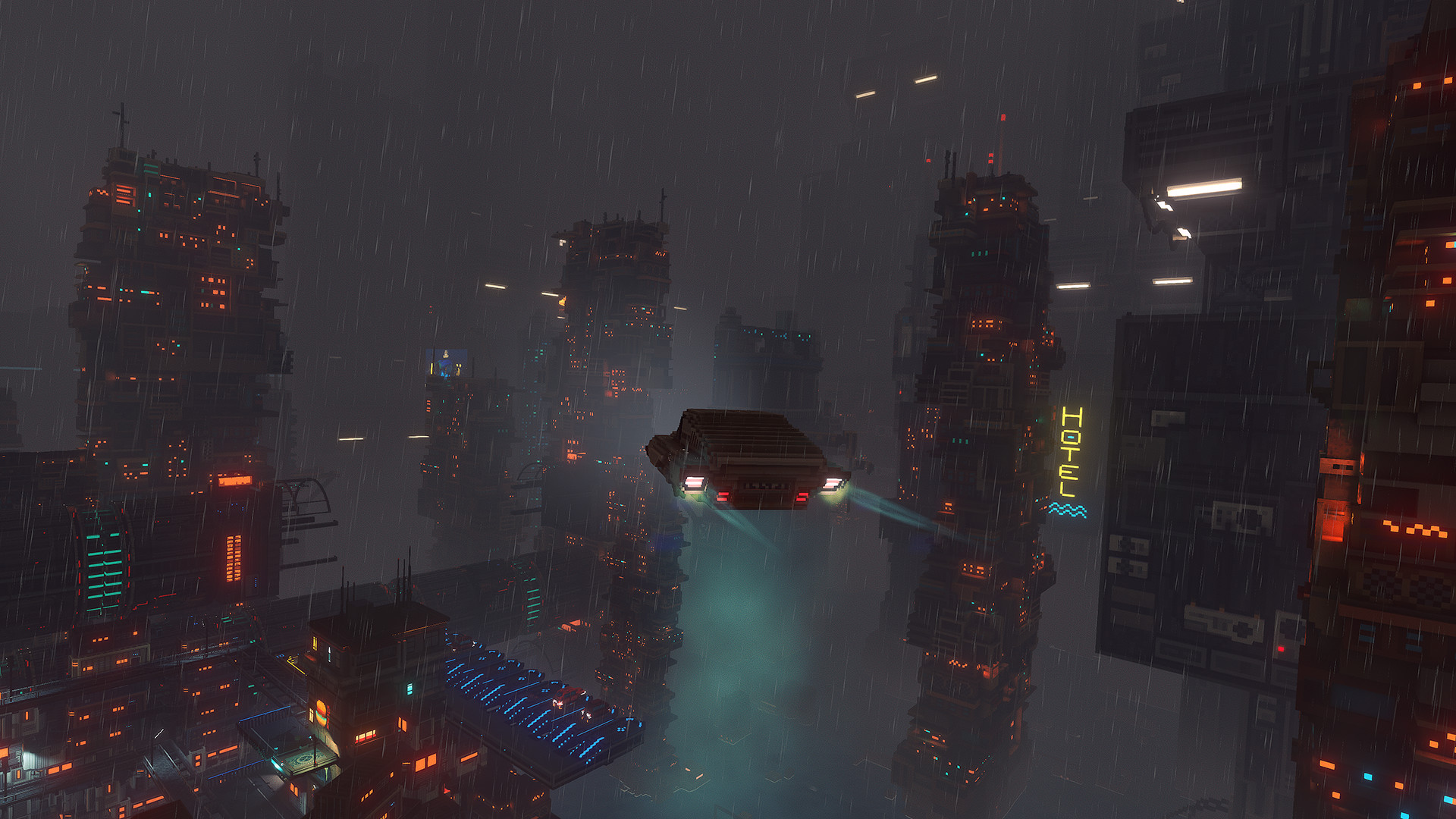 A hovercar travels through rain between high-rise buildings.