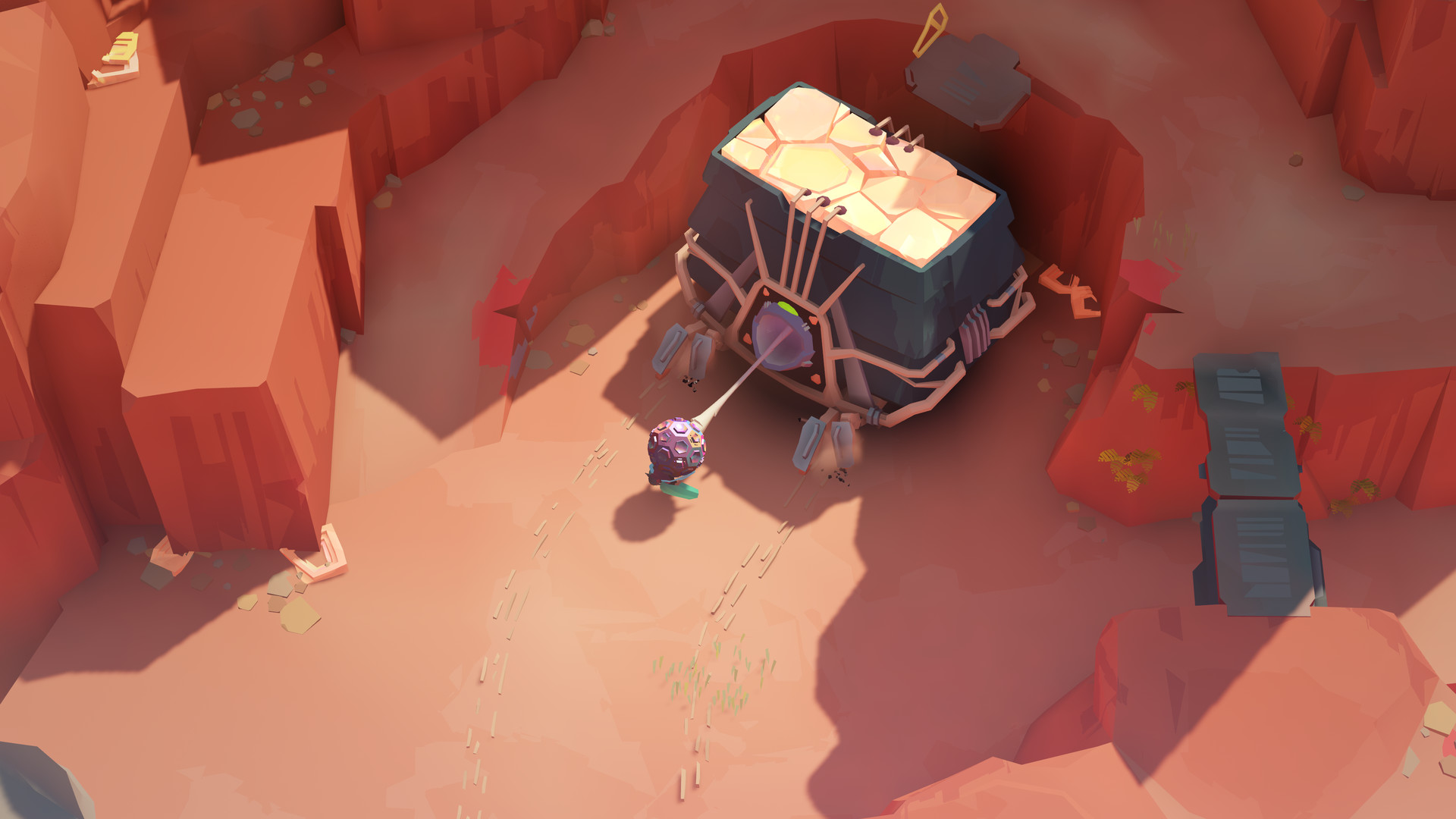 The traveller faces an alien mechanism in the orange realm.
