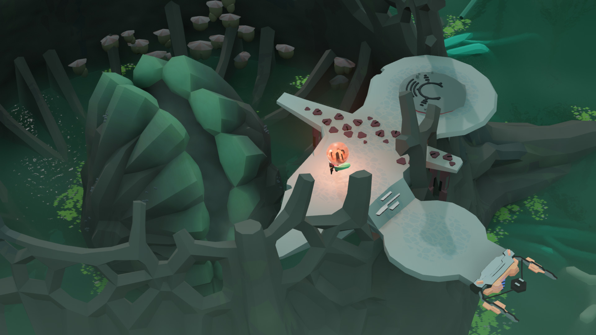 A small traveller crosses raised platforms in a green alien environment.