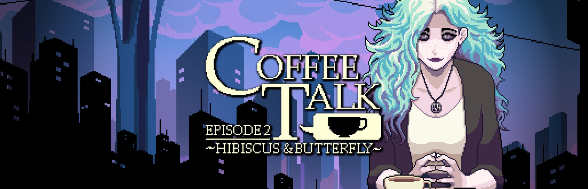 Official Steam library artwork places the Coffee Talk Episode 2 title beside a teal-haired character over the city.