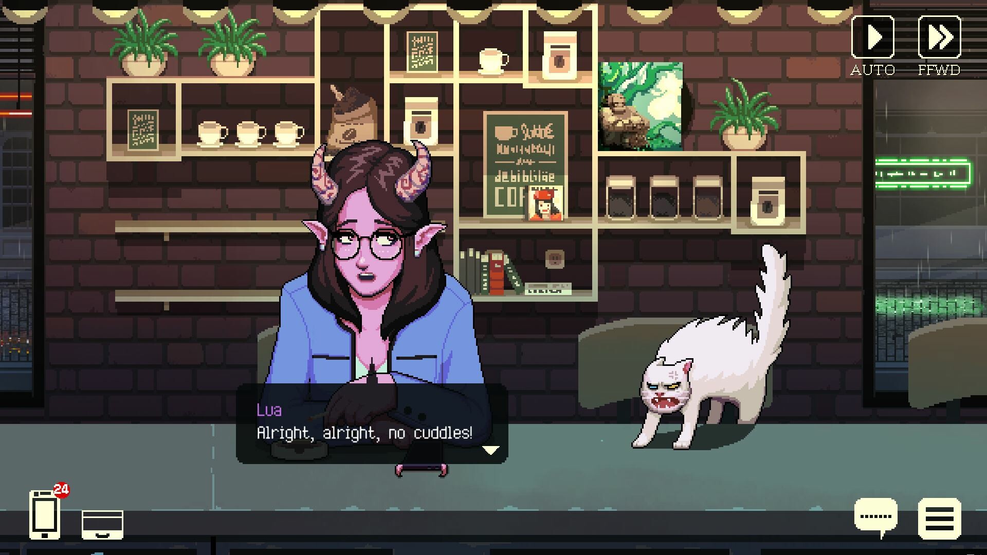 Lua and a white cat appear at the coffee-shop counter.