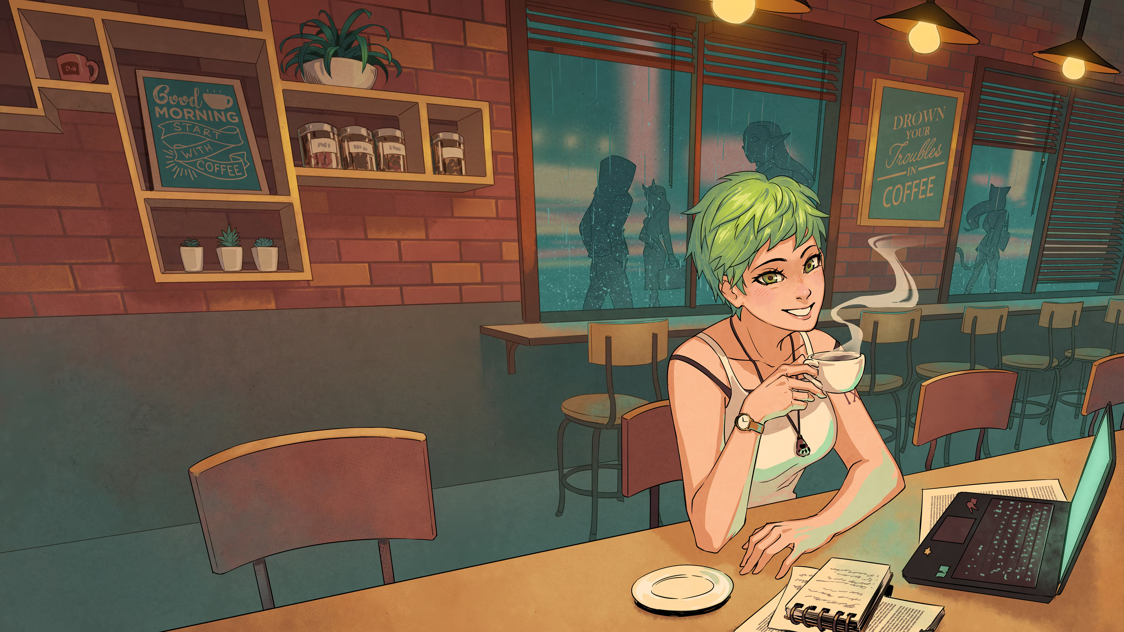 A green-haired patron sits at a table in Coffee Talk’s warmly lit café.
