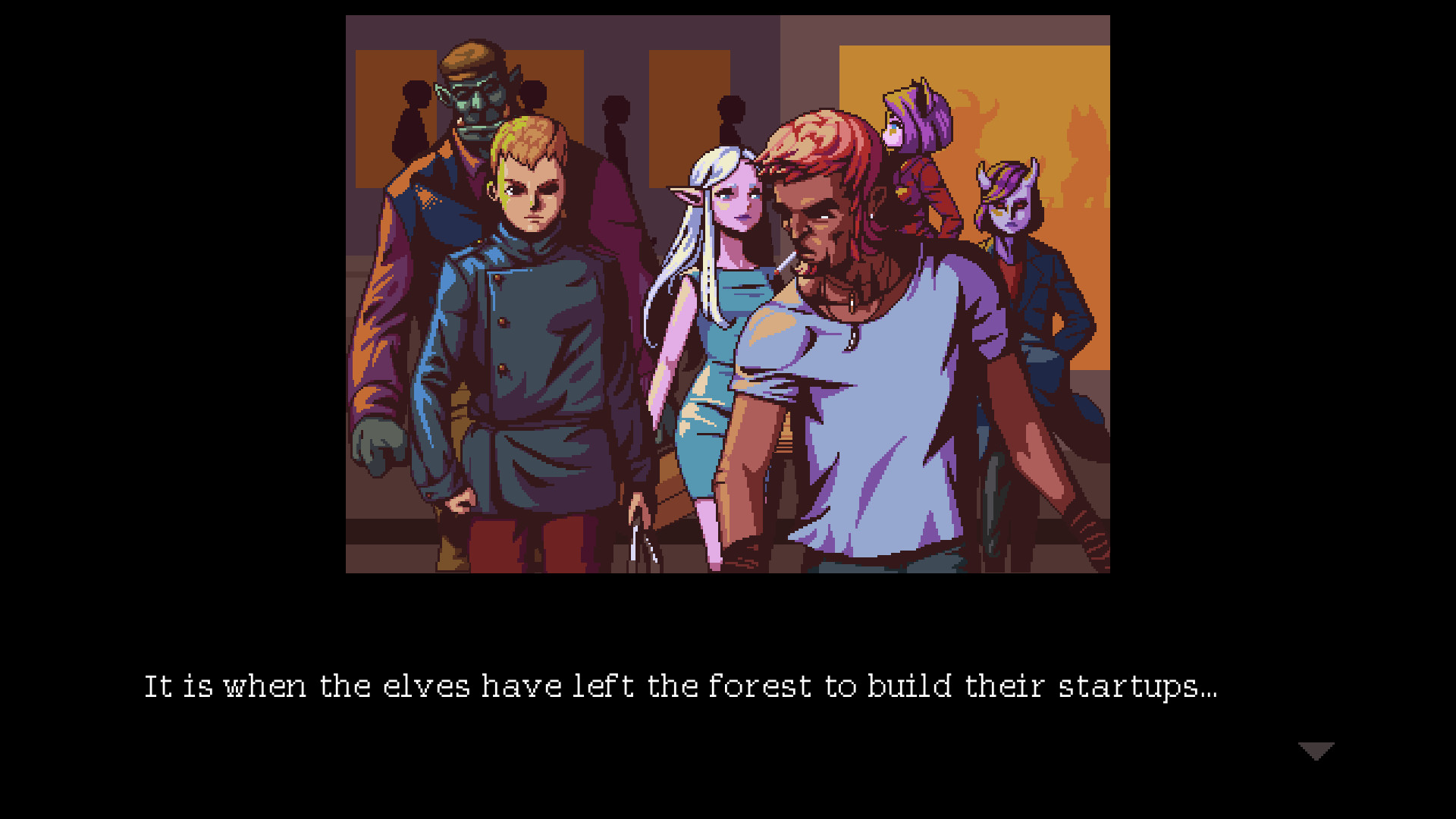 A group of elves appears during a story scene.