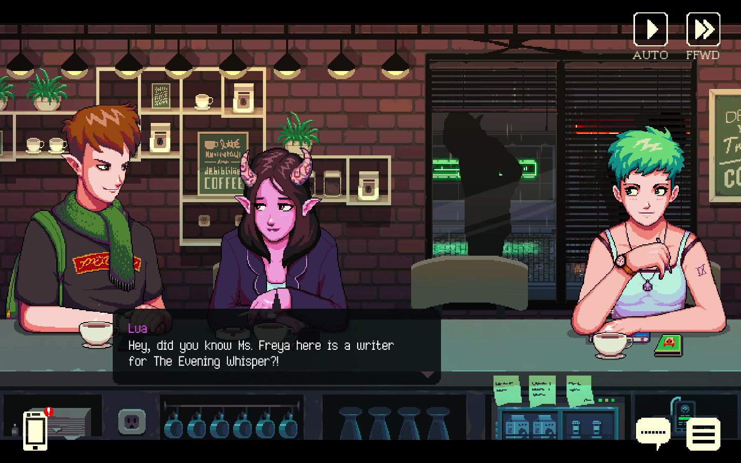 Lua and Freya talk with the barista at the café counter.