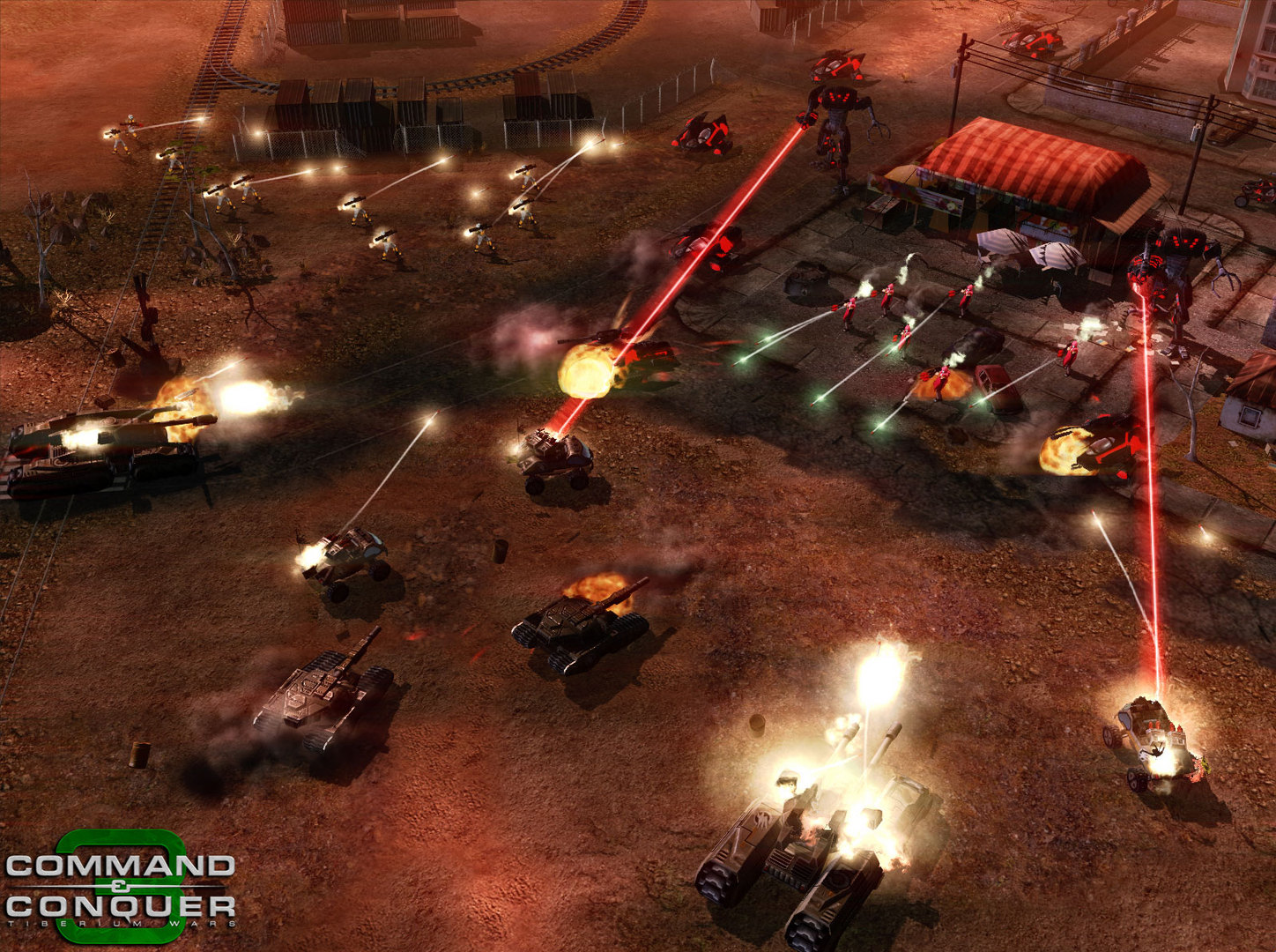 Armoured units exchange fire across a battlefield.