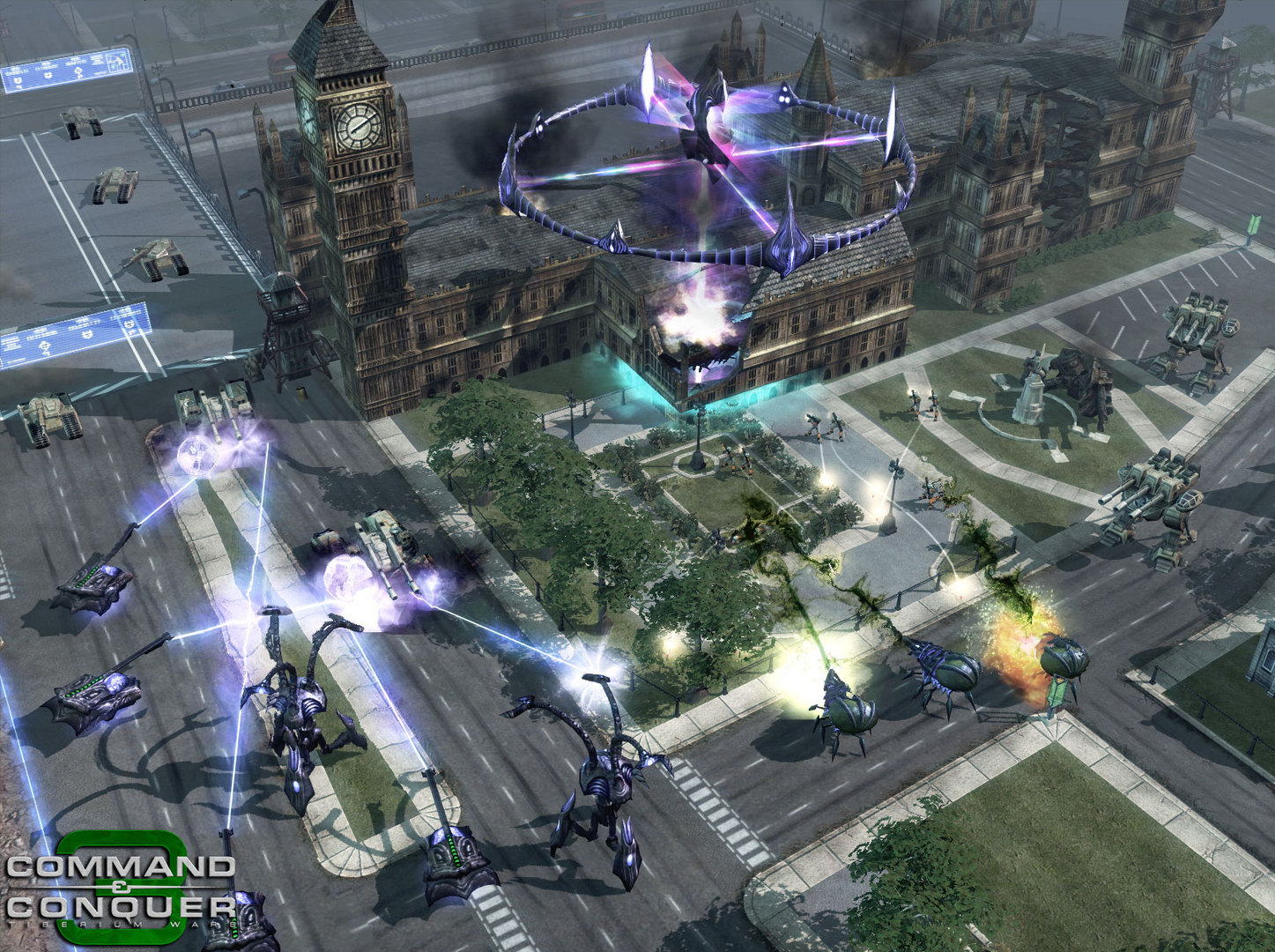 Energy weapons strike units near a city building.