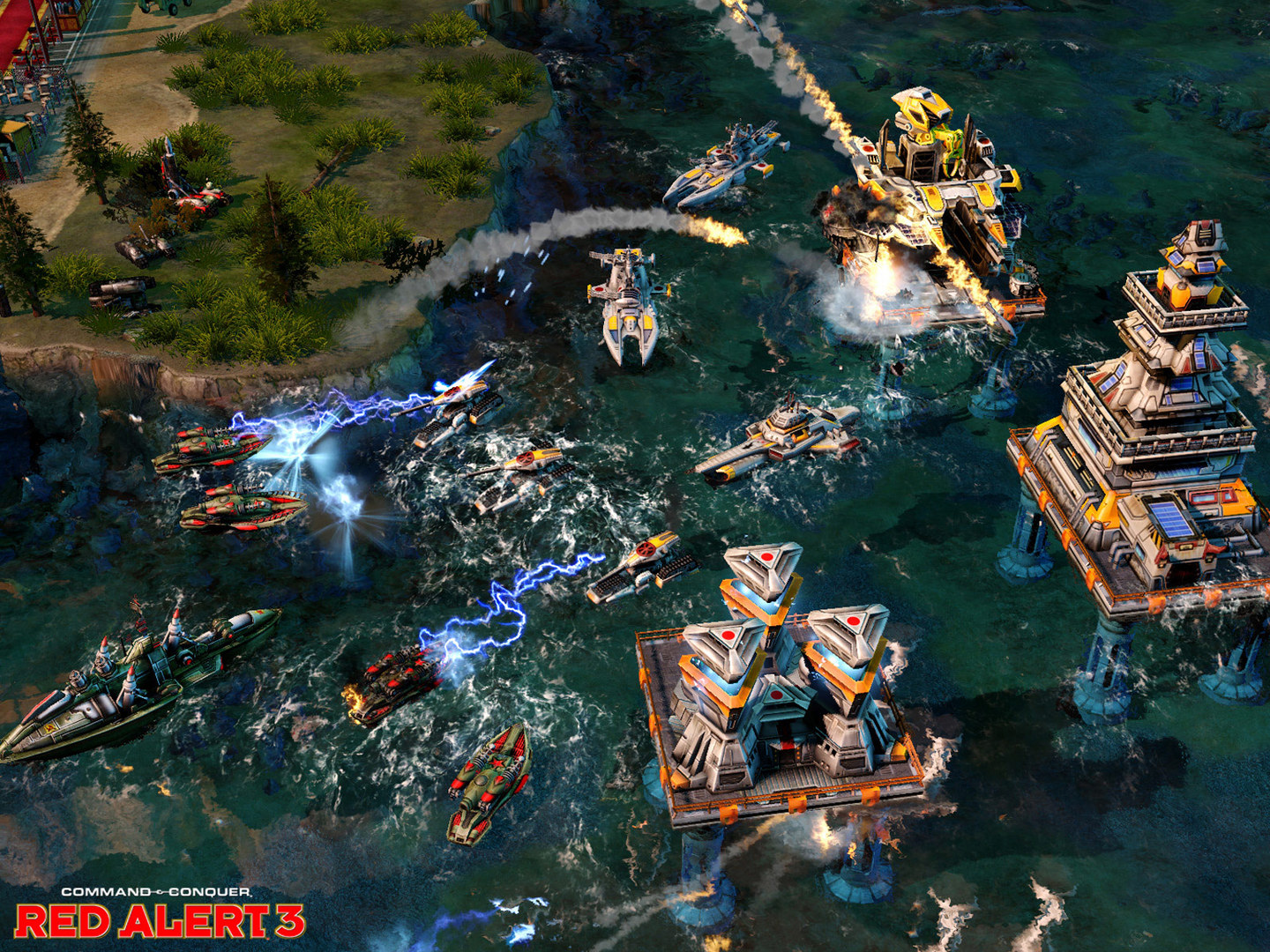 Naval units fight near a coastal base.