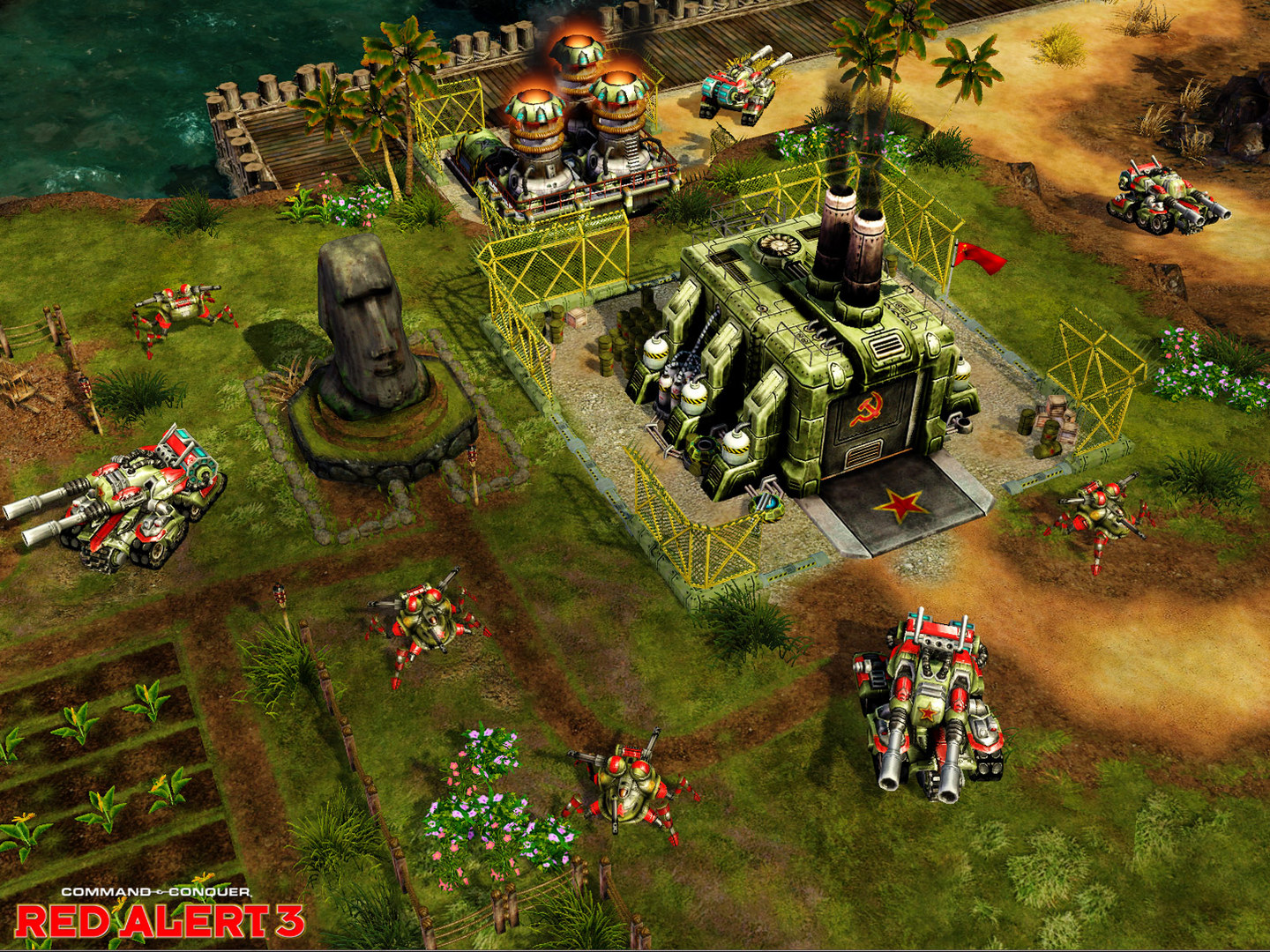Military units gather around a fortified land base.