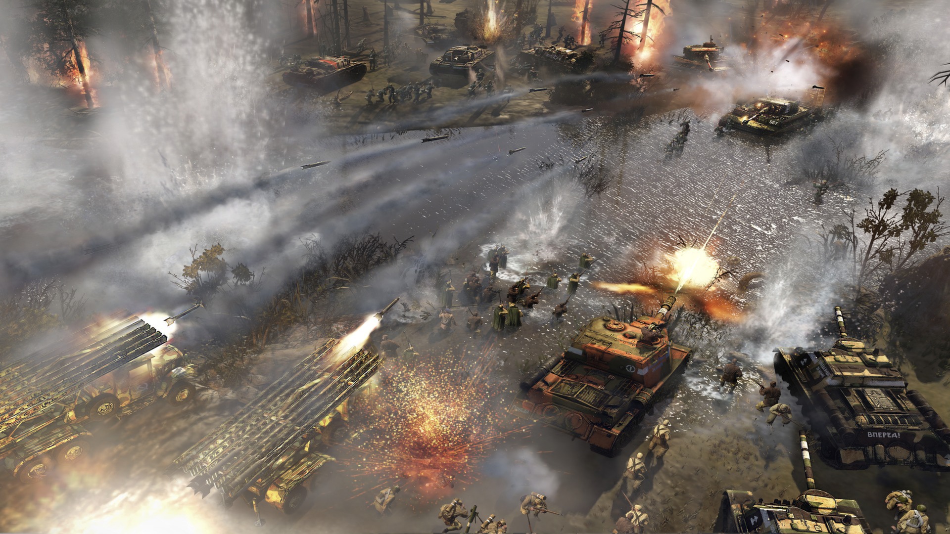 Tanks and infantry clash across a snowy battlefield.