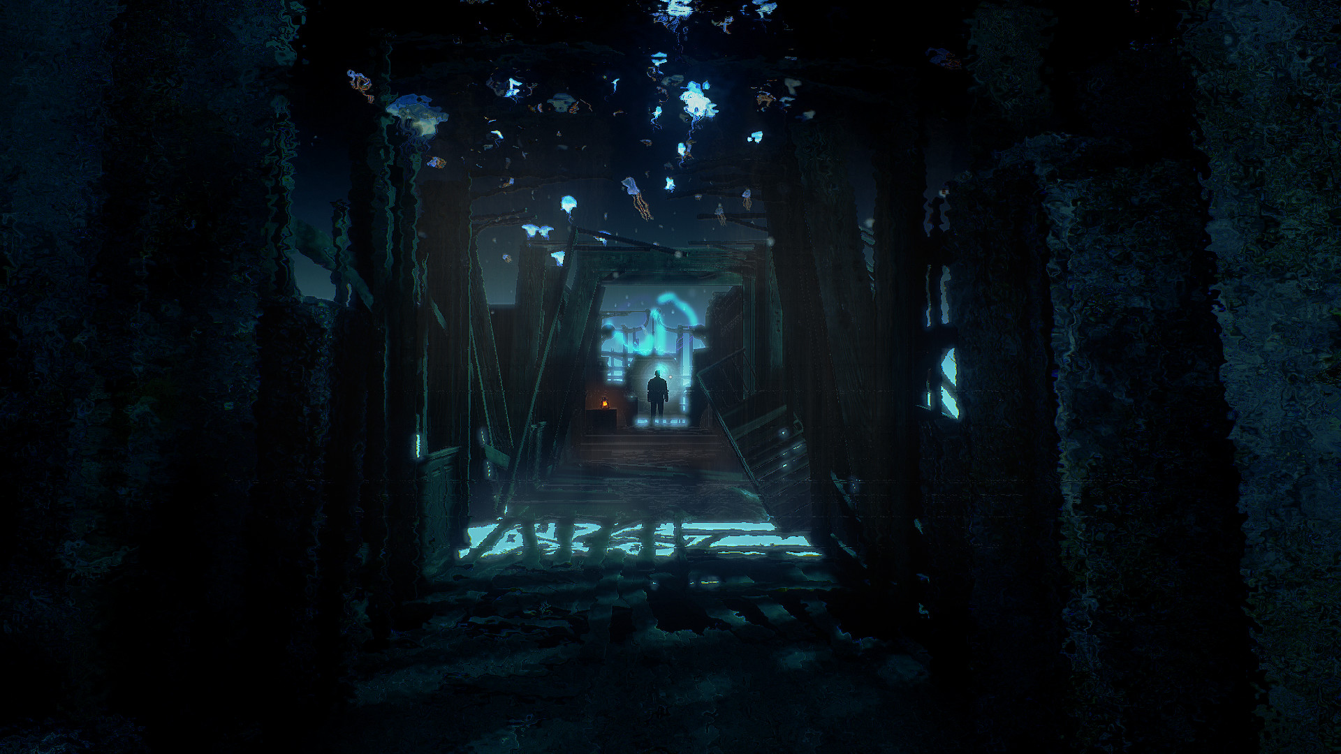Blue light fills a corridor beyond an arched doorway.