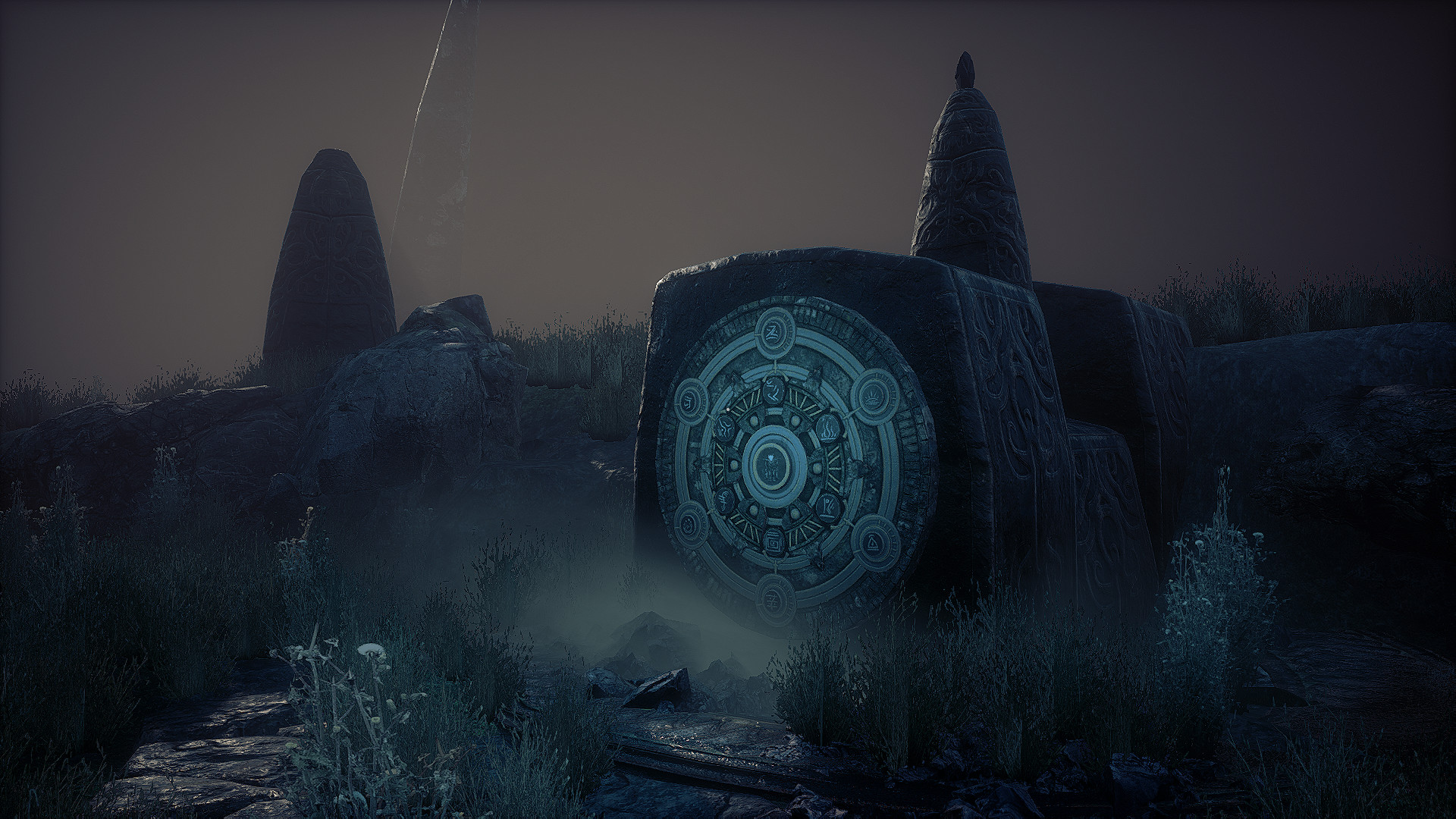 A carved circular symbol stands between stone pillars outdoors.