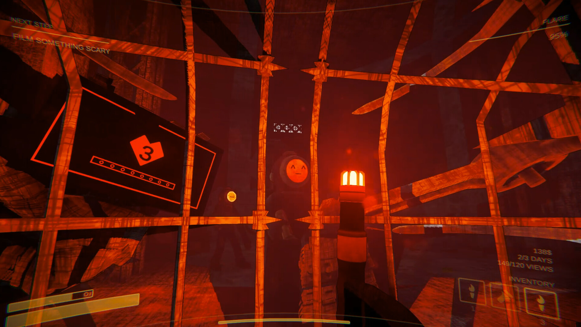 The camera points through a red-lit cage toward an industrial space.