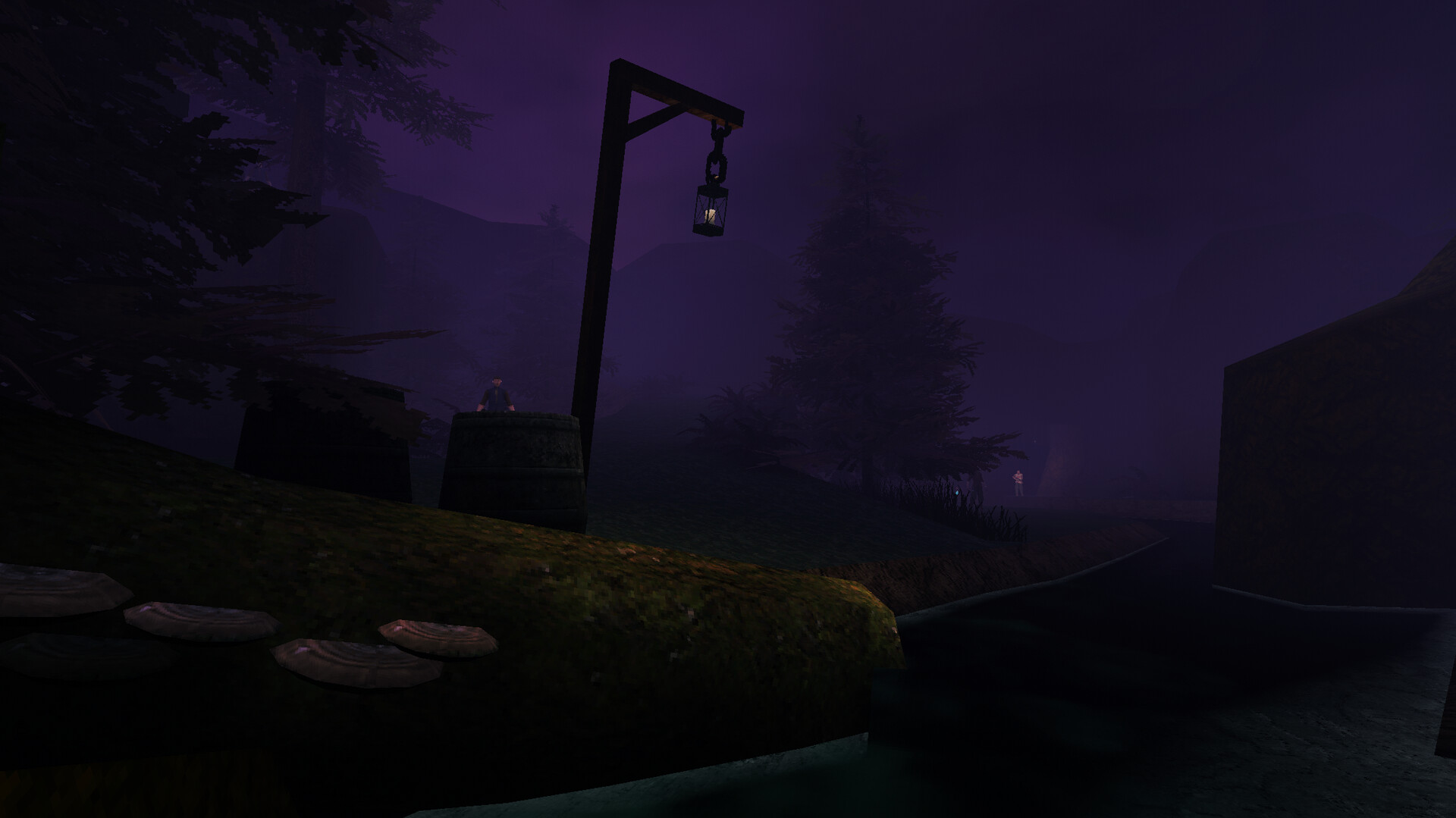 A dark wooded path leads toward a distant lantern.