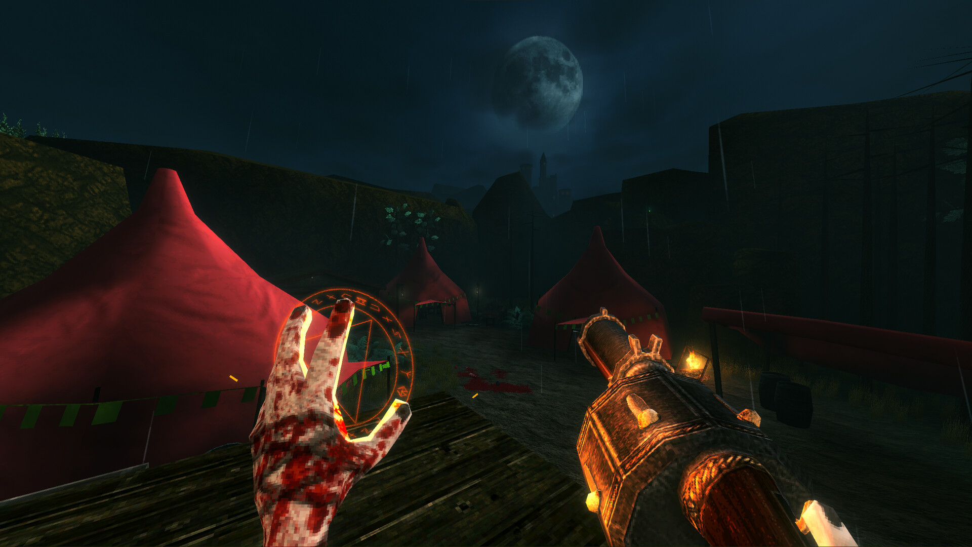 The player faces an enemy in a moonlit village.