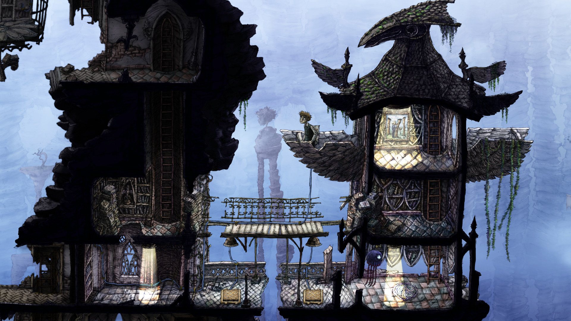 A small figure crosses a bridge toward a tall, crooked building.