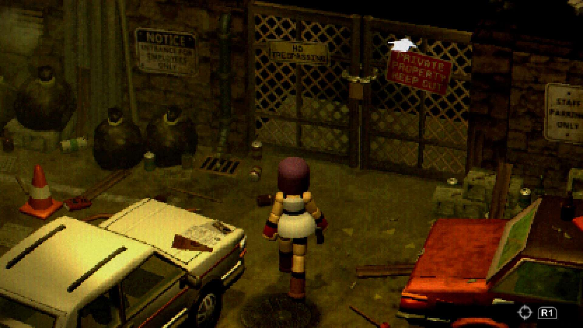 Mara approaches a locked gate between parked cars.