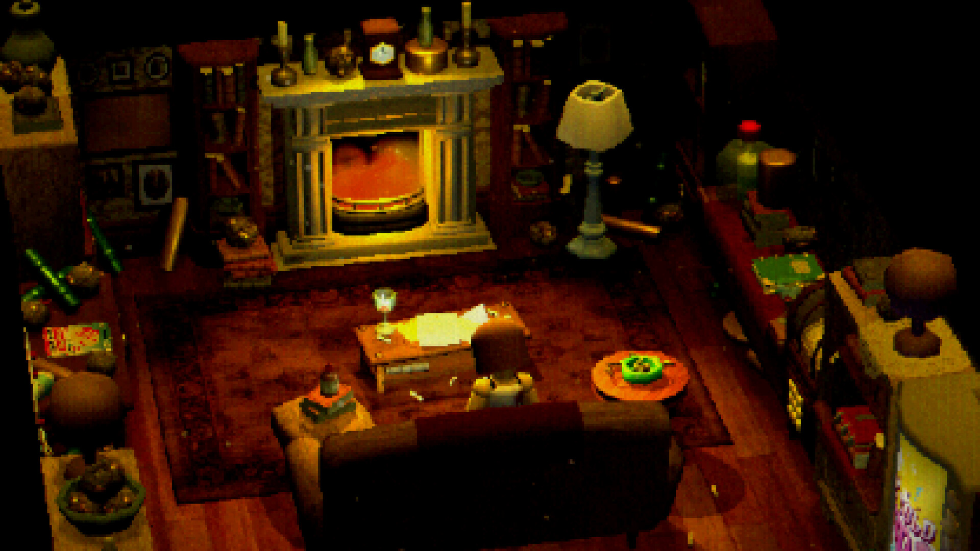 Mara explores a furnished room beside a burning fireplace.