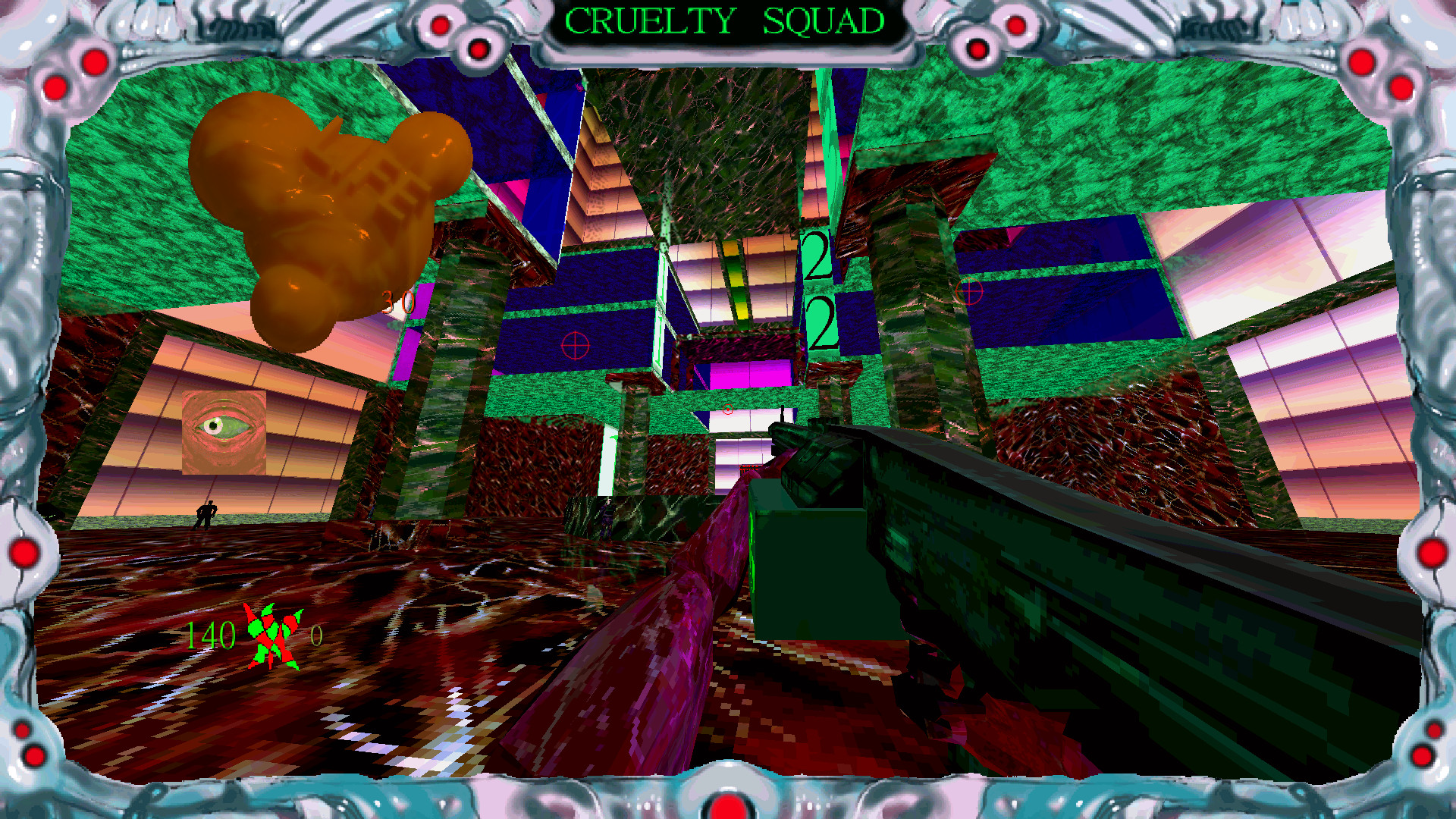 The player aims through a colourful, distorted interior.