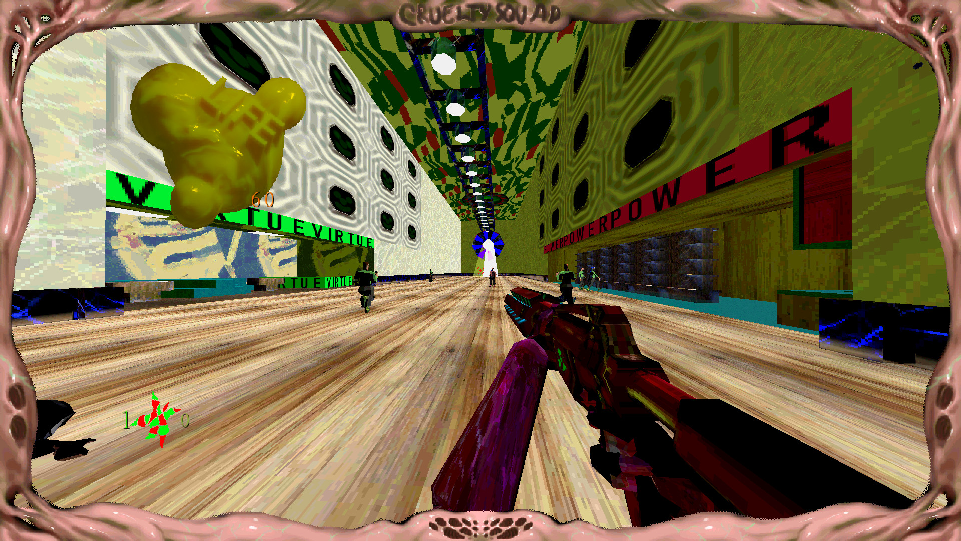 The player carries a rifle down a brightly coloured street.