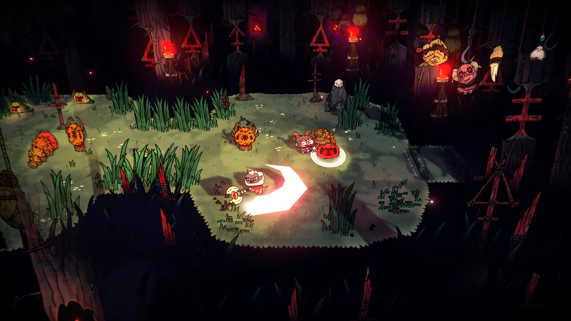 The Lamb swings a weapon at enemies in a dark clearing.