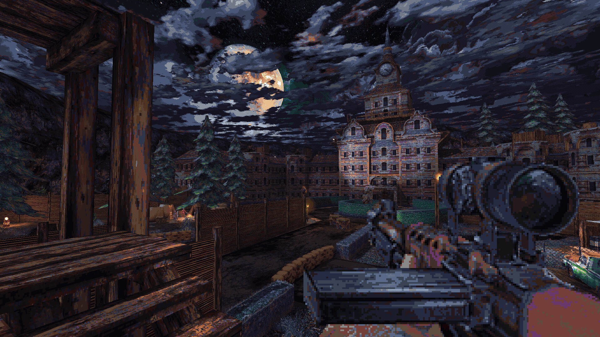 The player surveys a moonlit town through a rifle sight.