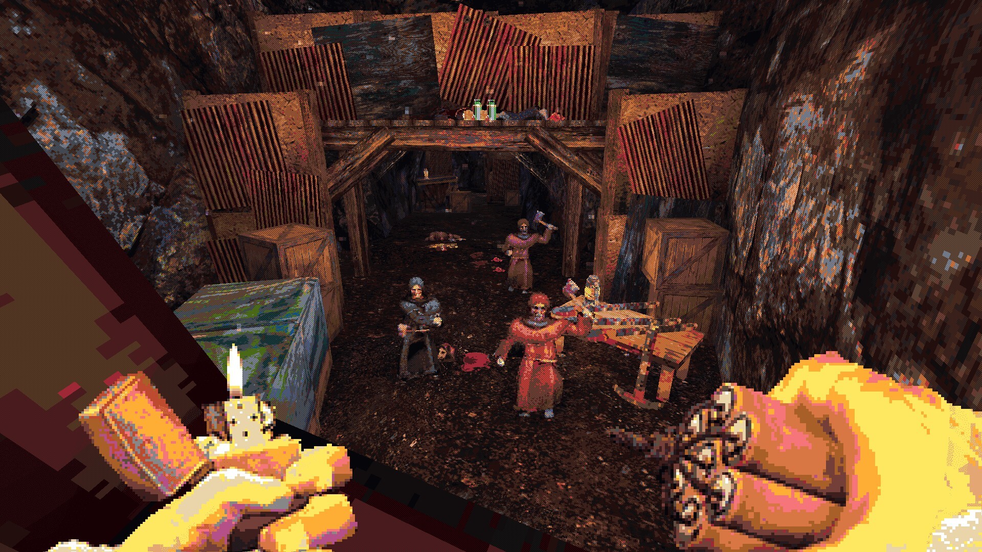 Cultists rush toward the player inside a timber-lined tunnel.