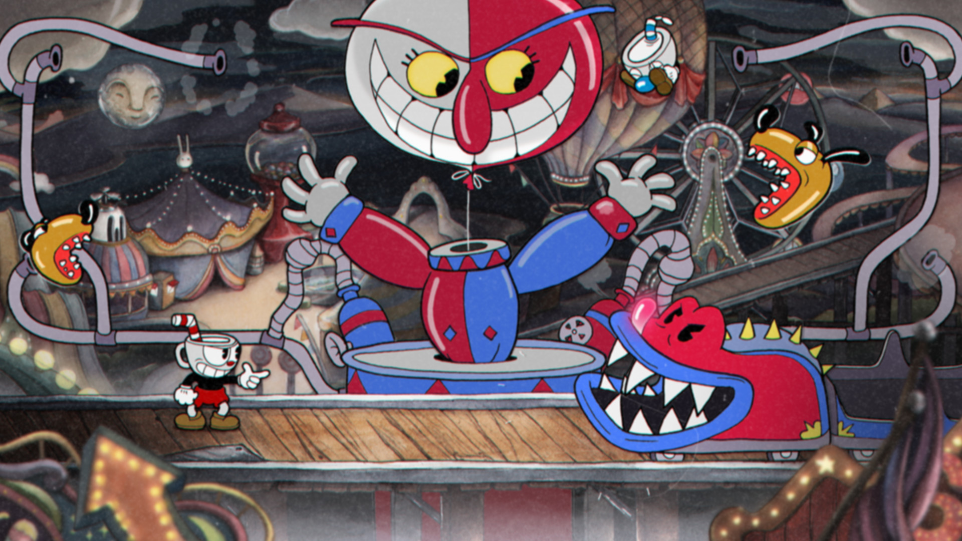 Cuphead faces a large puppet-like foe on a carnival stage.