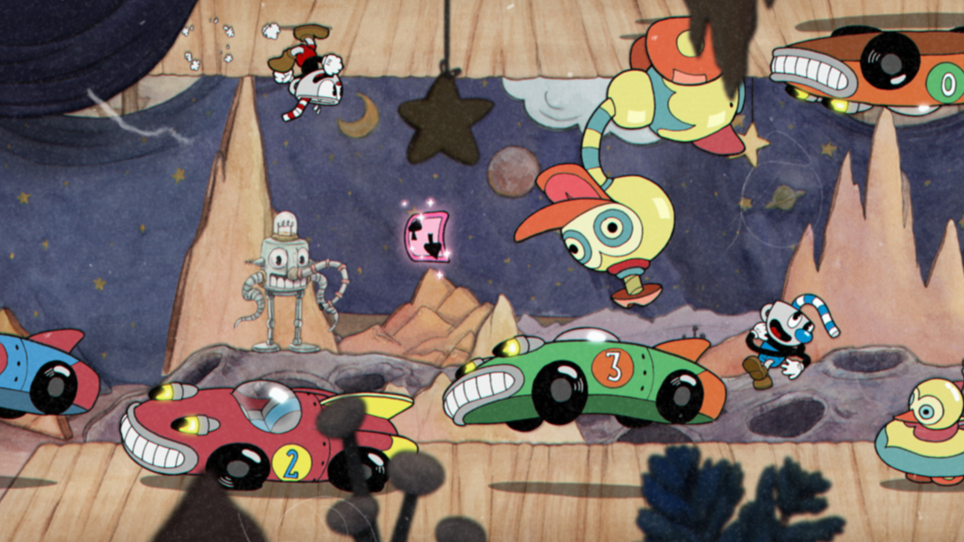 Cuphead and Mugman dodge enemies and moving cars in a side-scrolling encounter.