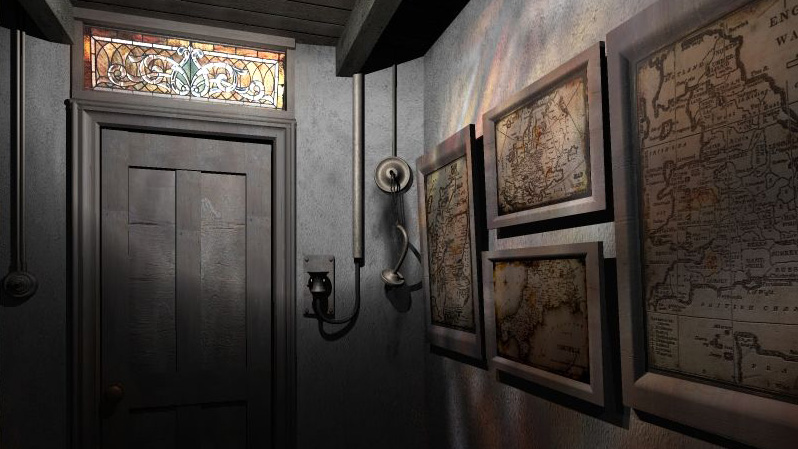 A door and wall-mounted telephone sit beneath stained glass.