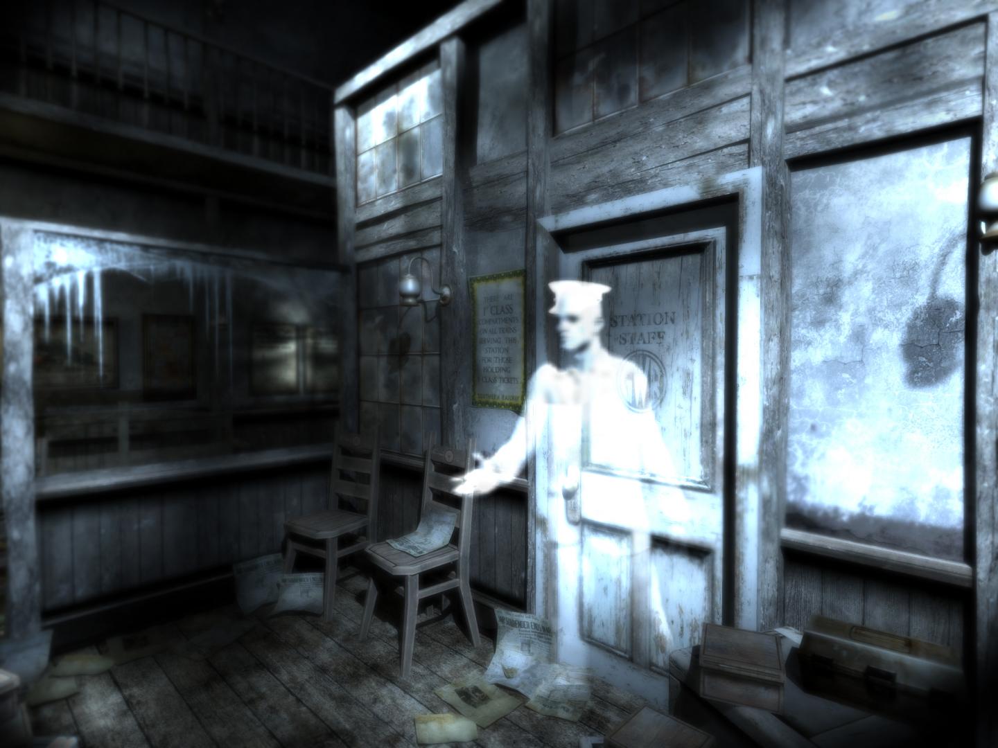 A pale figure appears inside a dark room.