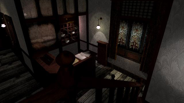 A narrow stairway leads into a furnished room.