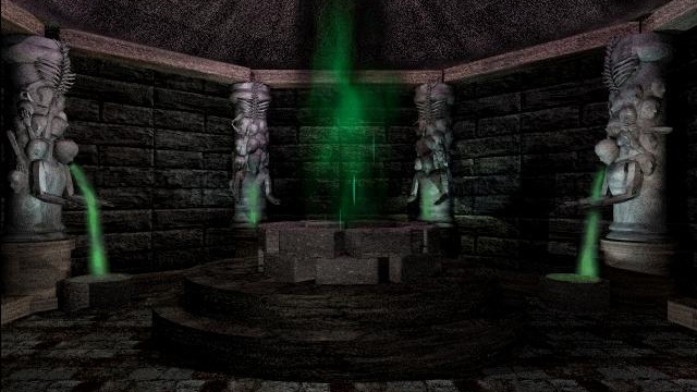 Green light rises around an ornate chamber.