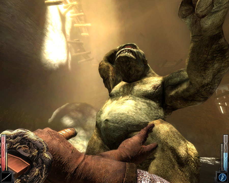 A large creature looms over Sareth during a close encounter.