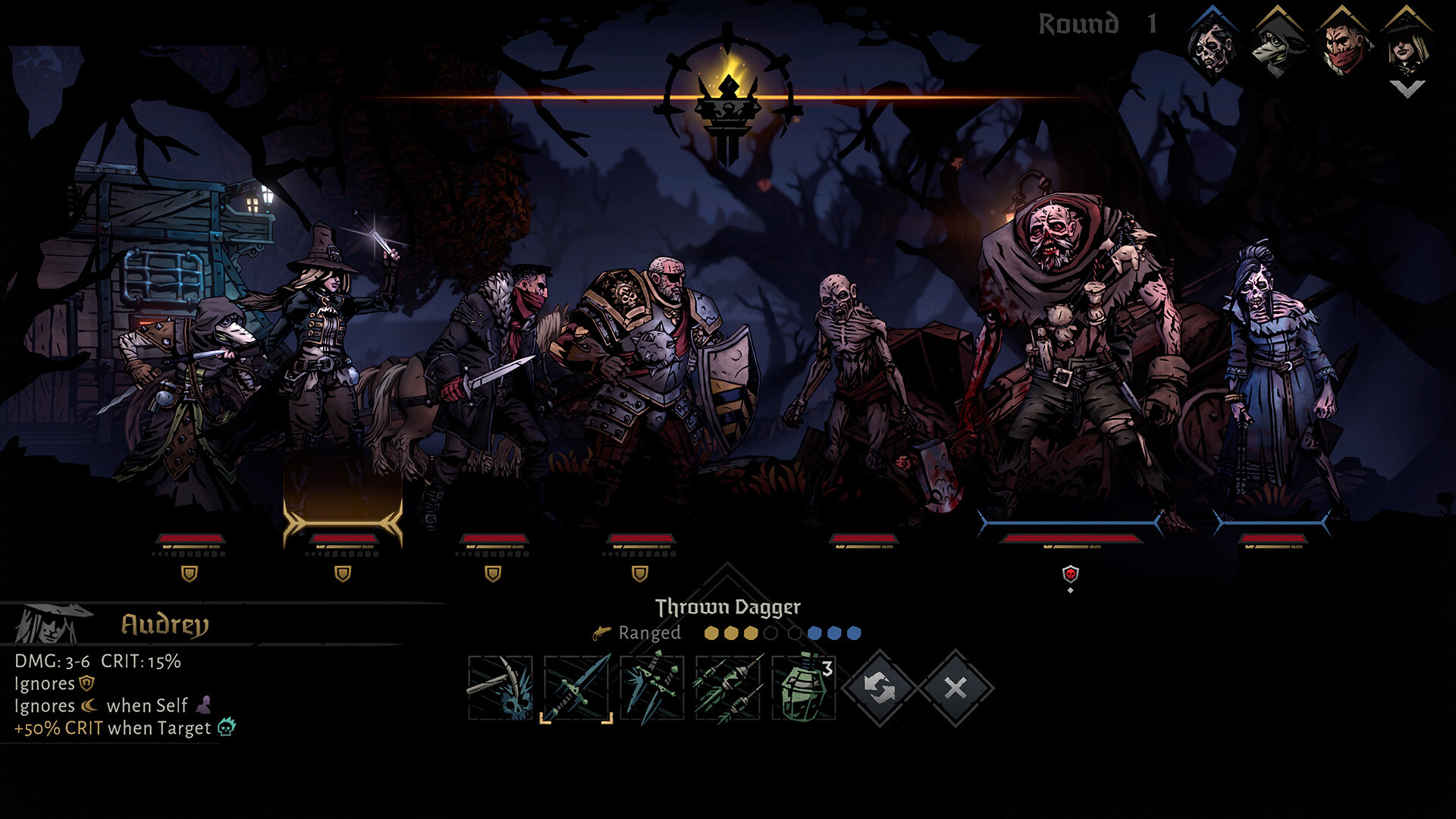 A party faces enemies in Darkest Dungeon II’s turn-based combat.