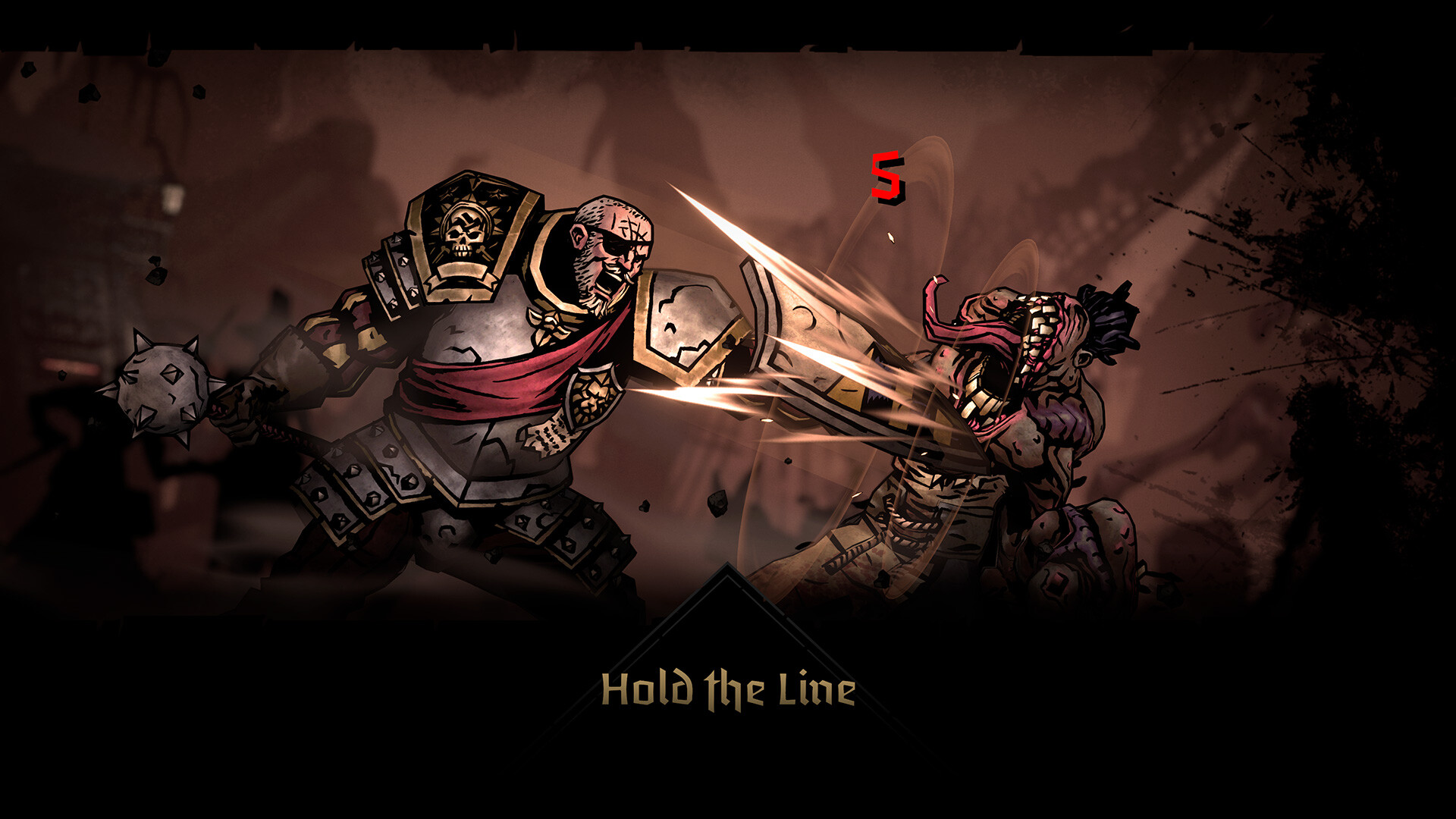 An armored hero braces against a strike from an enemy.