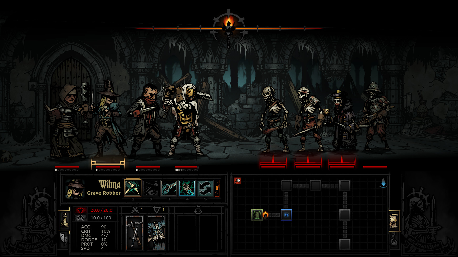 A party of four heroes faces skeletons in a dungeon battle.