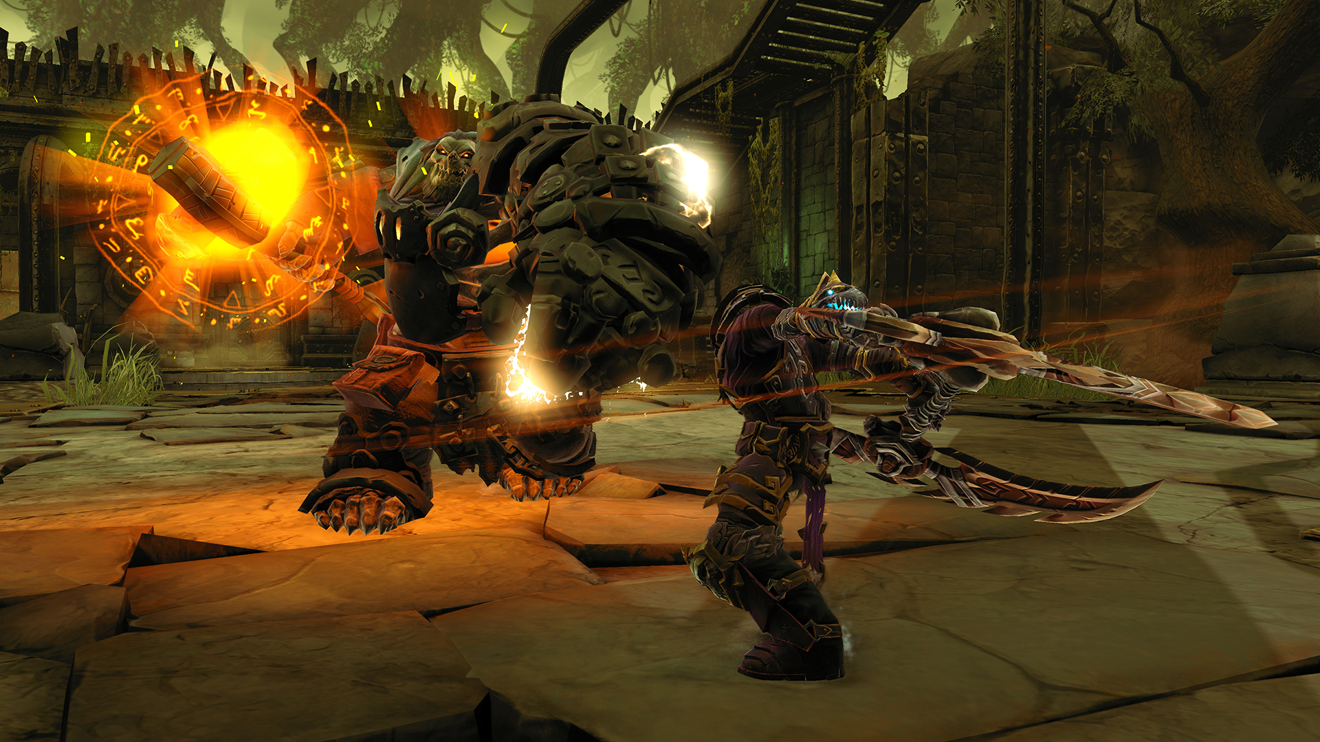 Death faces a massive armoured creature in combat.