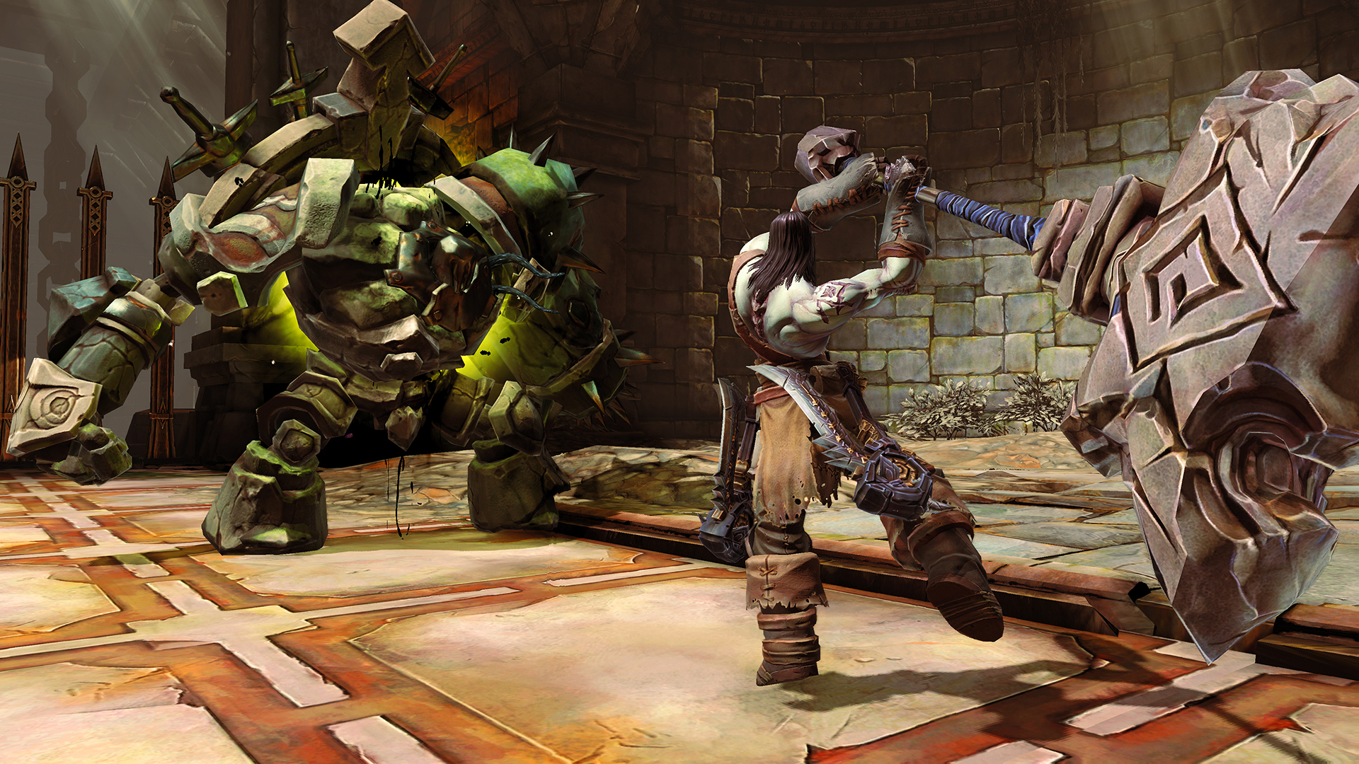 Death confronts a hulking enemy inside a stone chamber.