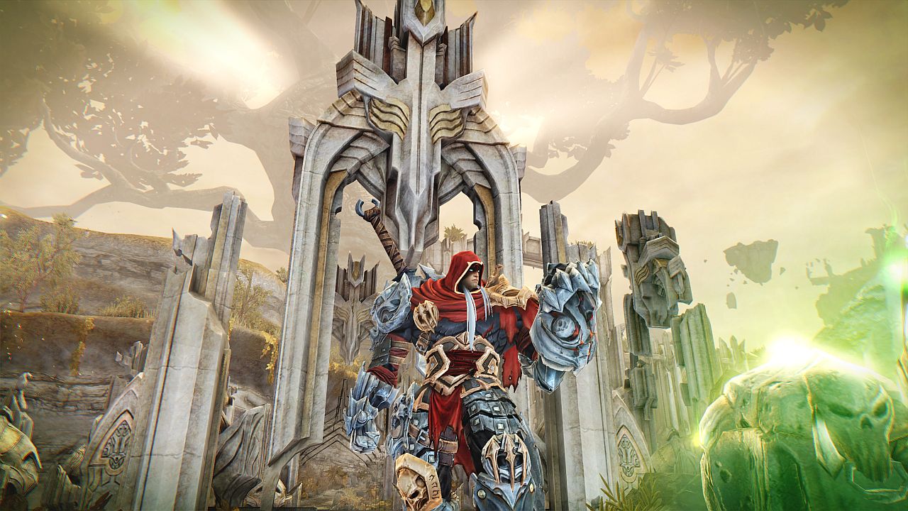 War stands before a towering structure in a ruined world.