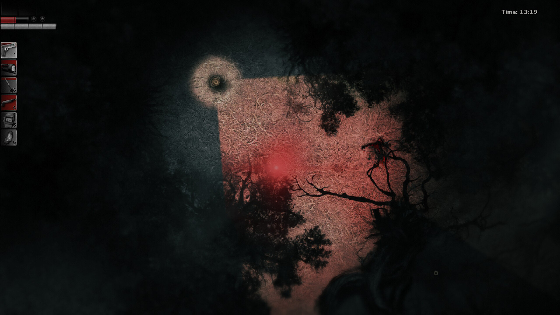 A top-down view shows a narrow path through a red-lit forest.