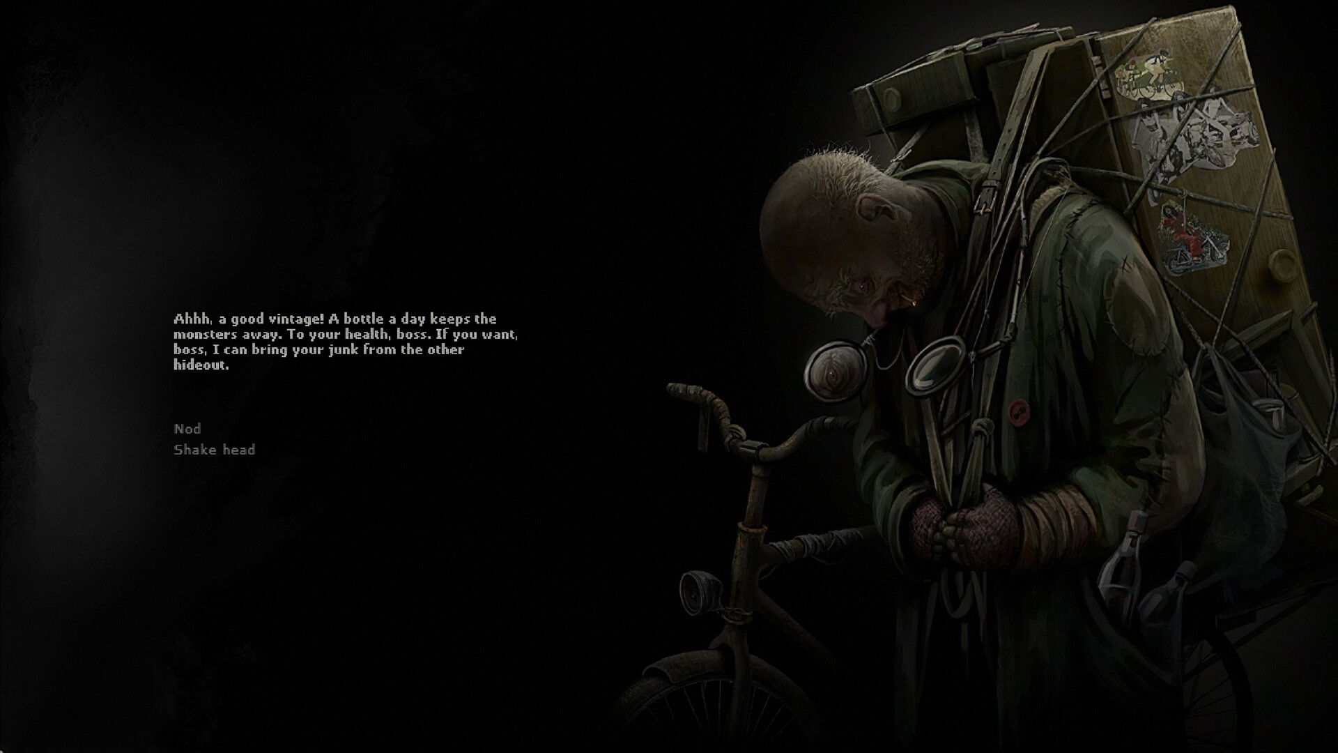A hunched figure sits beside a pack against a dark background.