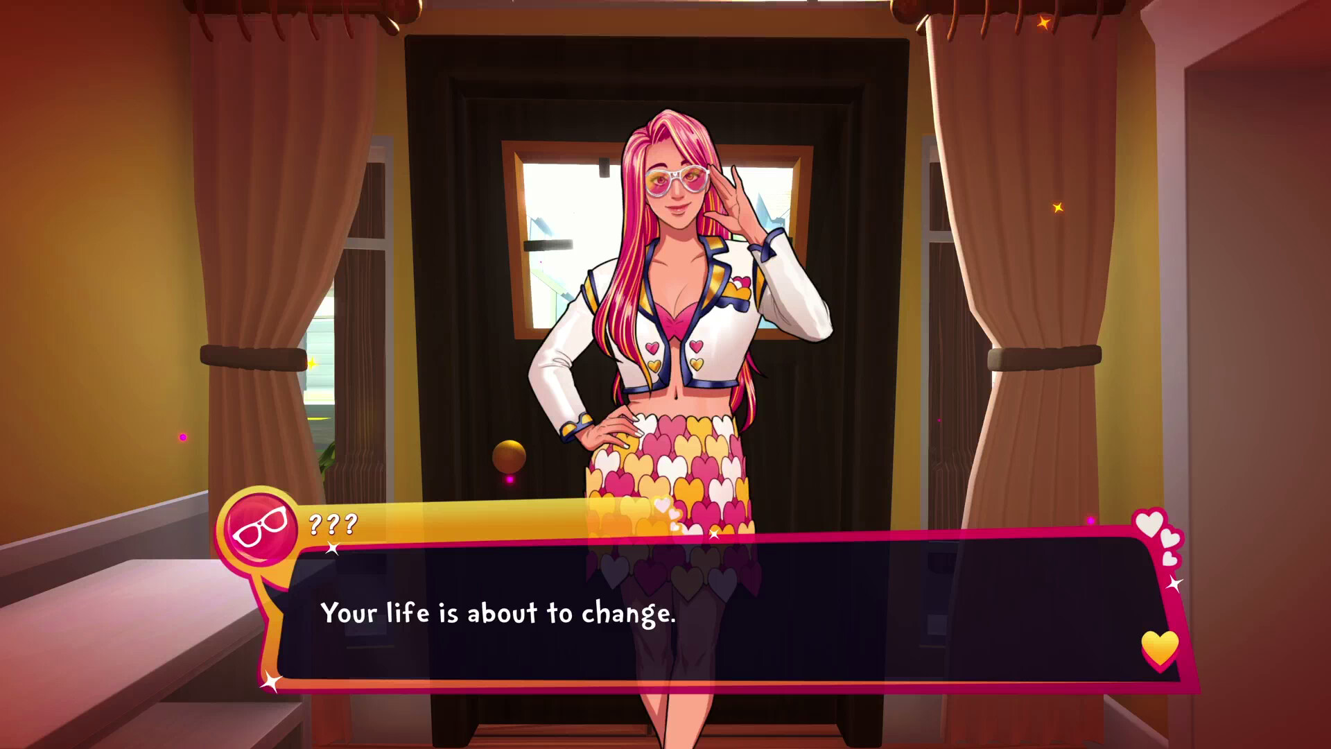 An illustrated woman appears in a doorway during a conversation.