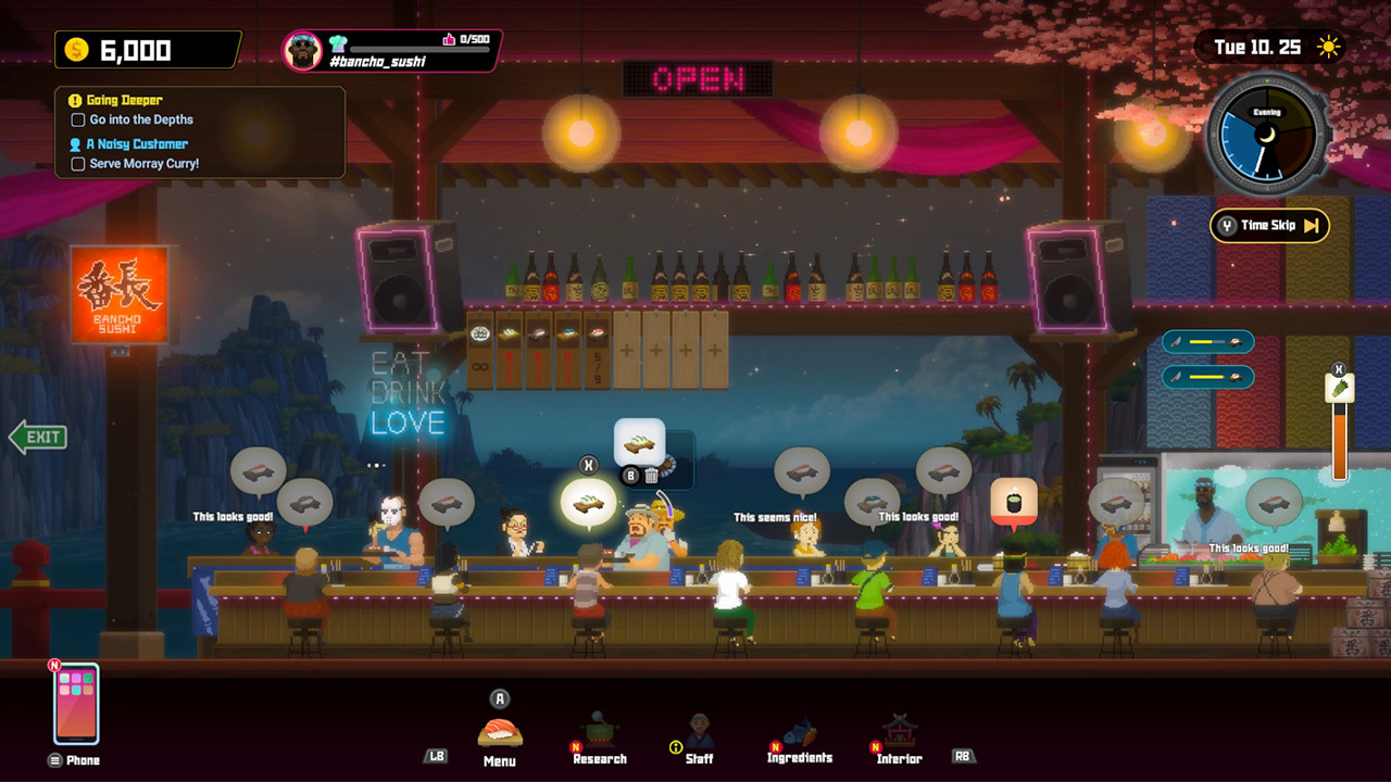 Customers sit at Bancho Sushi while the restaurant service interface is visible.
