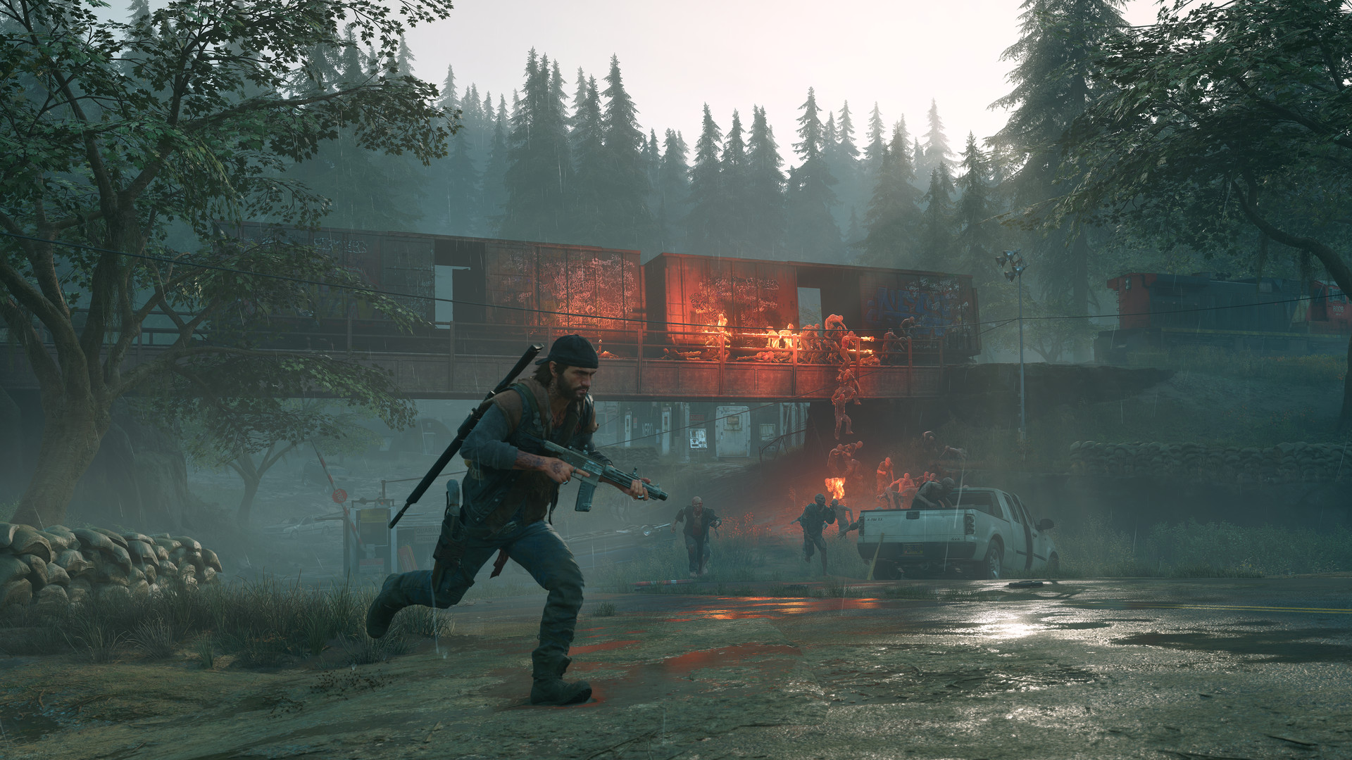 Deacon runs from pursuing Freakers beside a burning building.