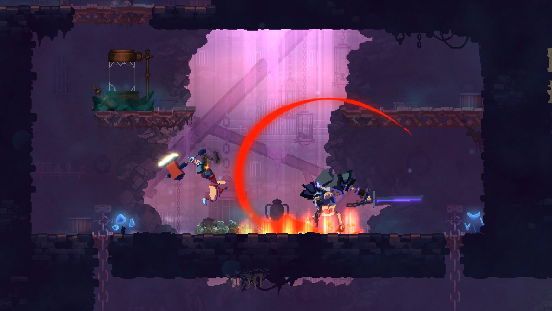 A weapon swing cuts across a platform during combat.