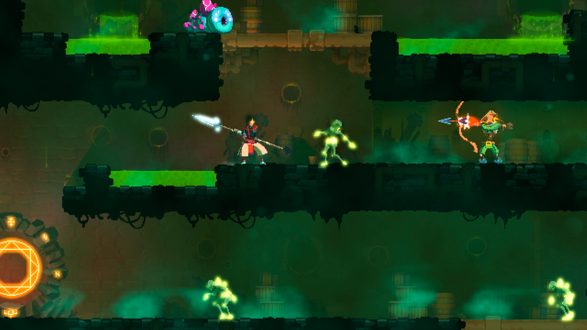 Projectiles cross a green-lit combat room.