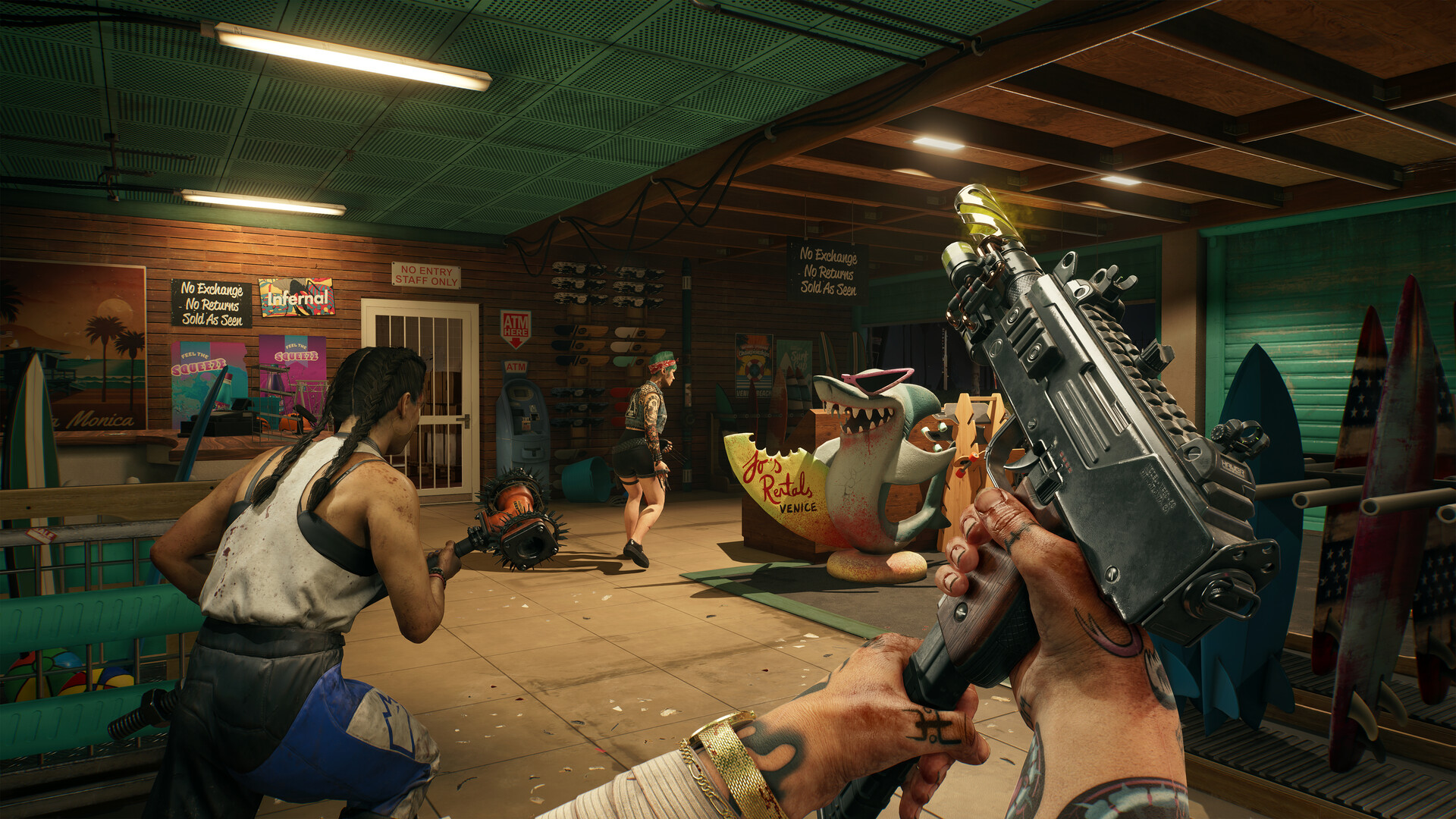 Survivors face zombies inside a damaged storefront.