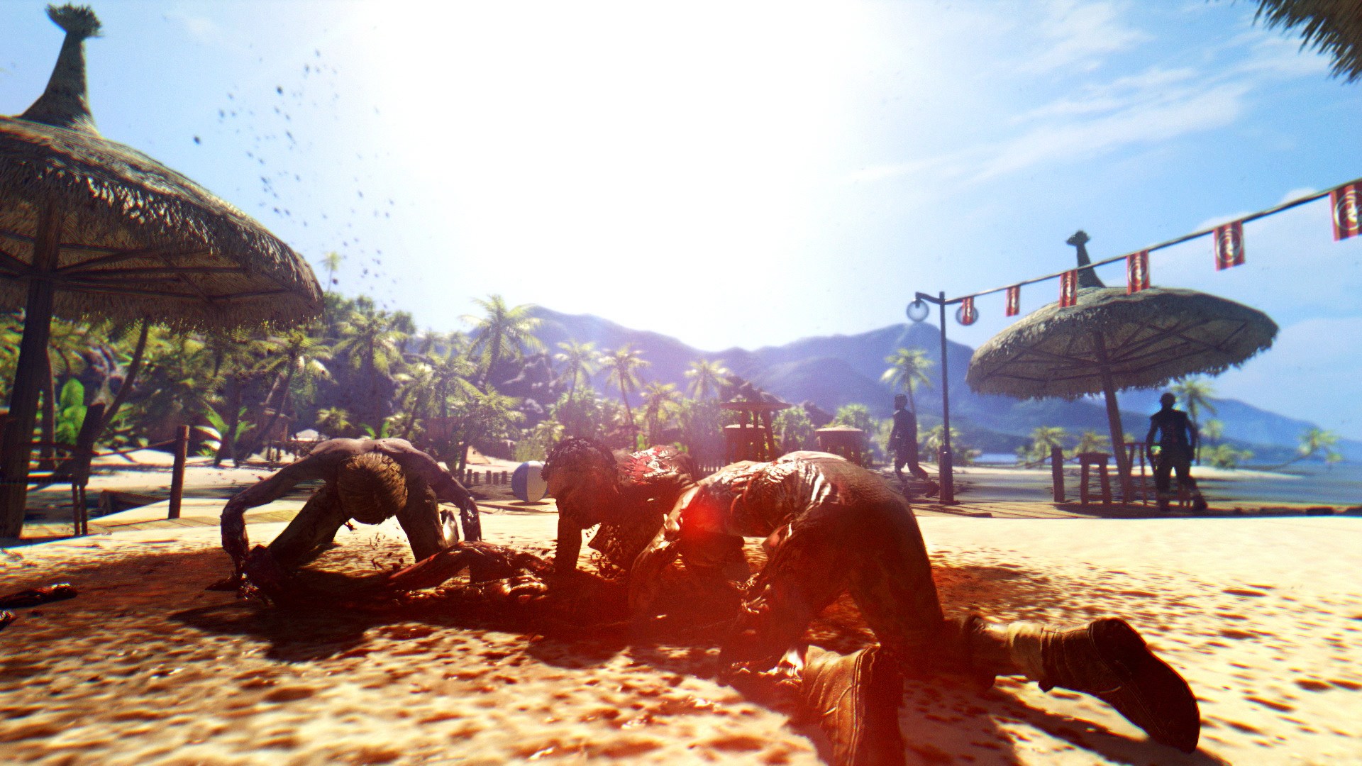 Infected figures crawl across a sunlit beach on Banoi.