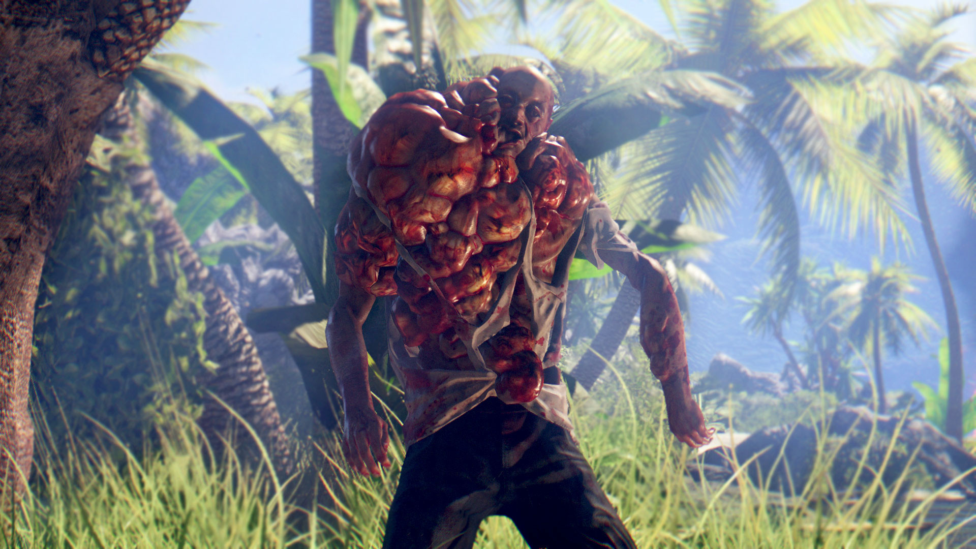 A heavily mutated infected stands amid tropical vegetation.