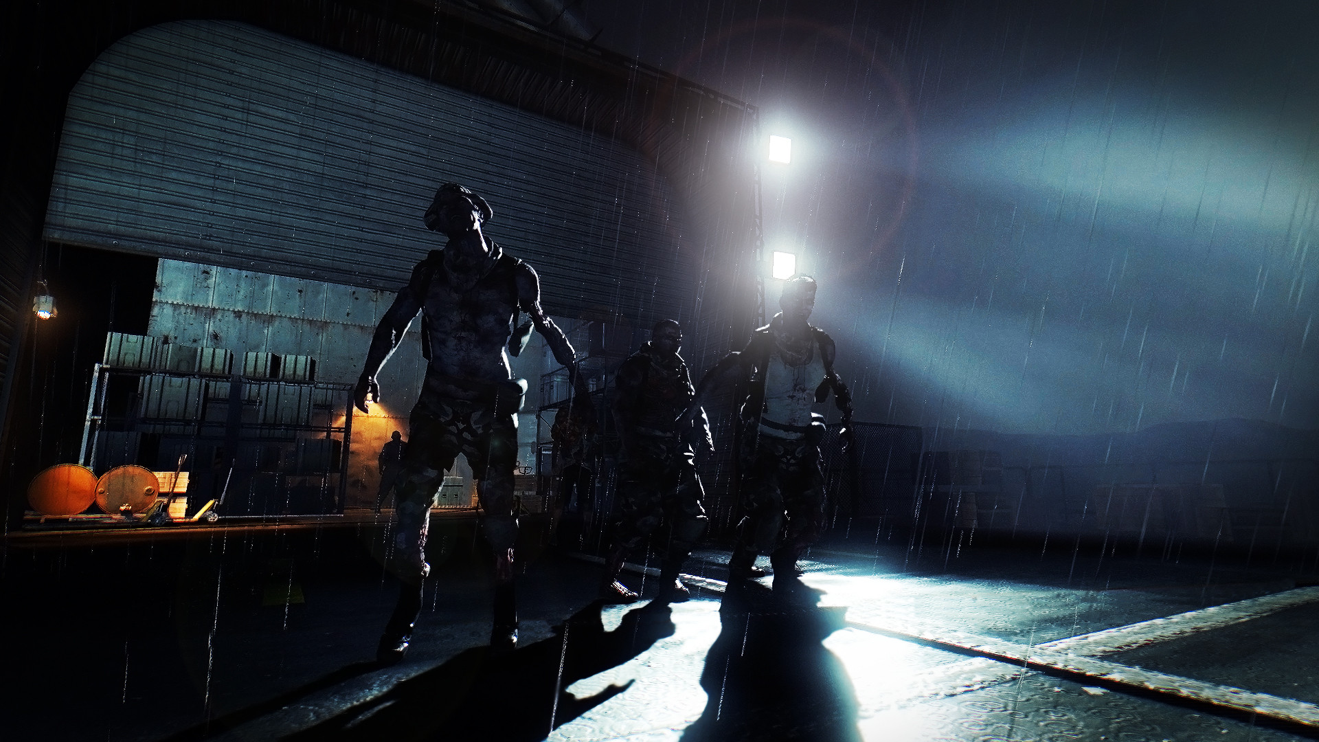Infected figures gather inside a rain-soaked building.